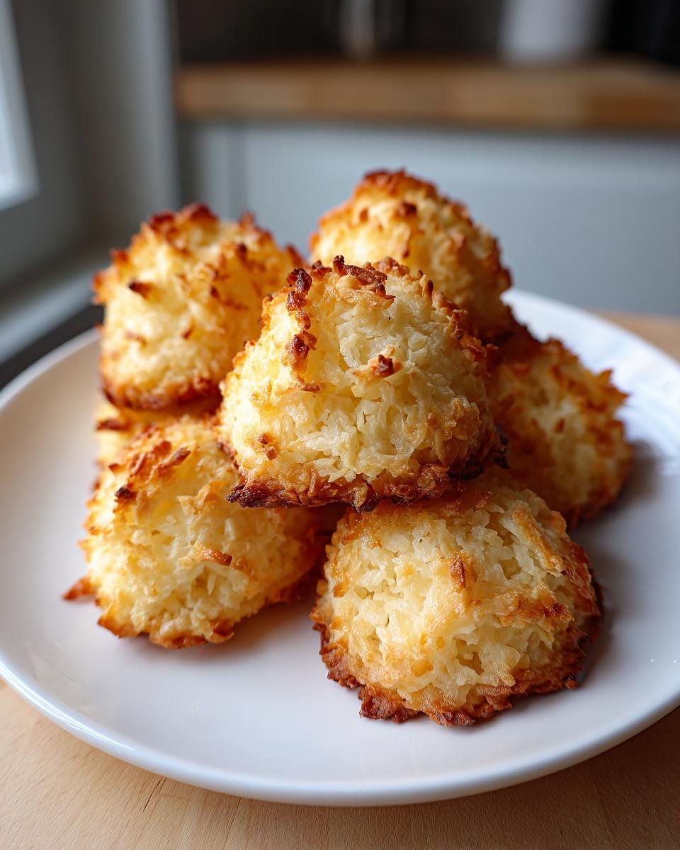 A stack of freshly baked Kokosmakronen (coconut macaroons) on a white plate, ready to enjoy.