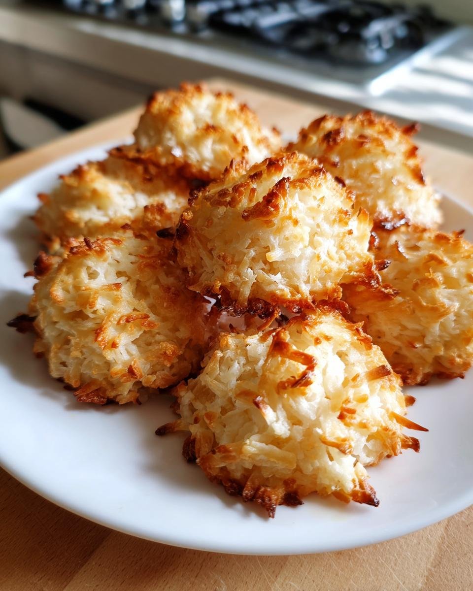 Pile of golden brown Kokosmakronen, showcasing a delicious coconut macaroon recipe.