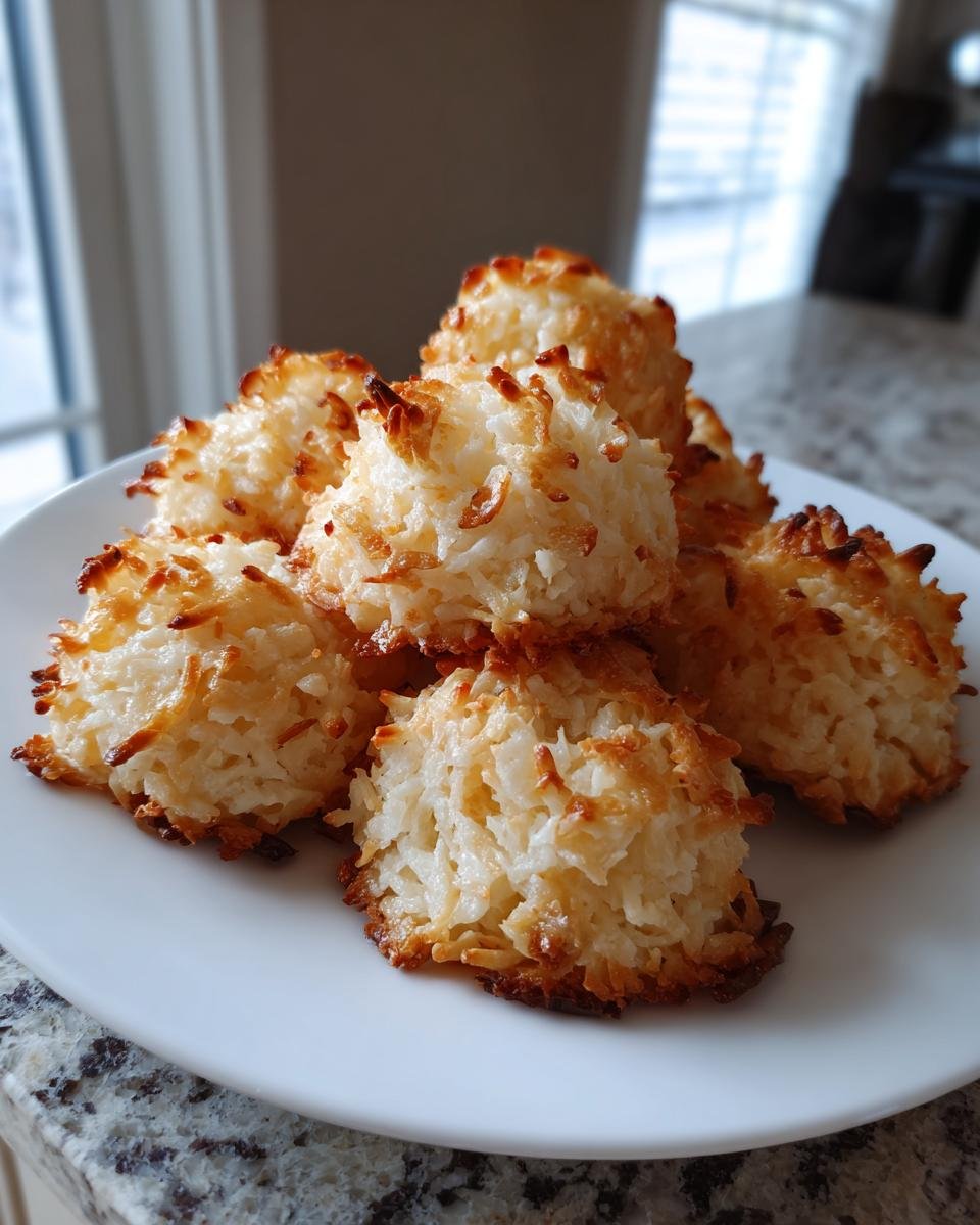 A stack of golden brown Kokosmakronen cookies on a white plate, ready to be enjoyed.