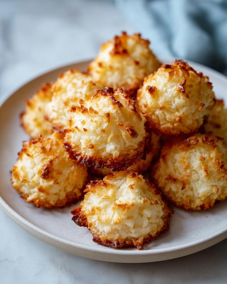 A plate of freshly baked Kokosmakronen, showcasing their golden-brown edges and fluffy coconut texture.