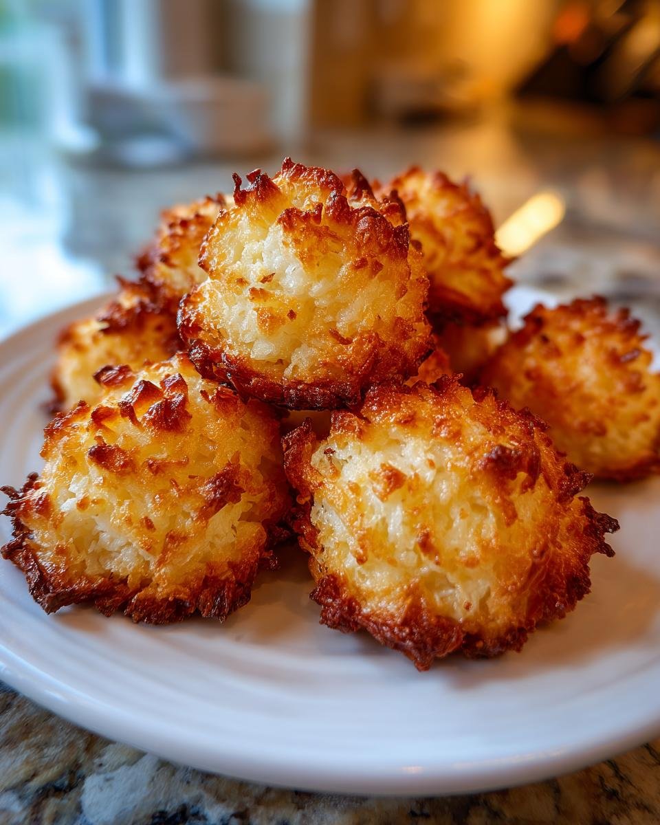 Close-up of a pile of golden brown Kokosmakronen on a white plate. Delicious coconut cookies.