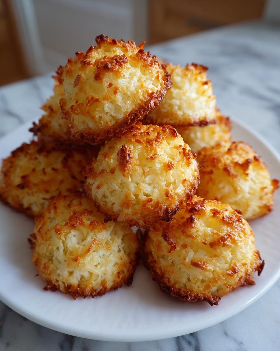 A stack of golden brown Kokosmakronen, showing their toasted coconut flakes. Das Beste Rezept für Kokosmakronen.
