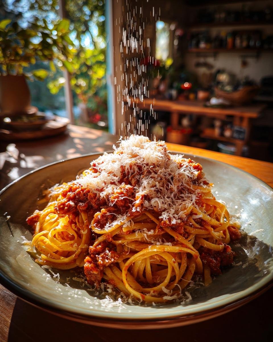 A plate of Kürbis Bolognese pasta being topped with freshly grated cheese, ready to eat.
