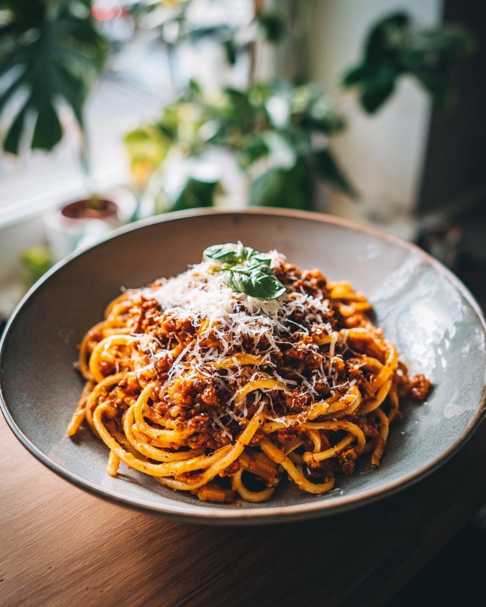 Bowl of Kürbis Bolognese pasta topped with cheese and basil, ready to eat.
