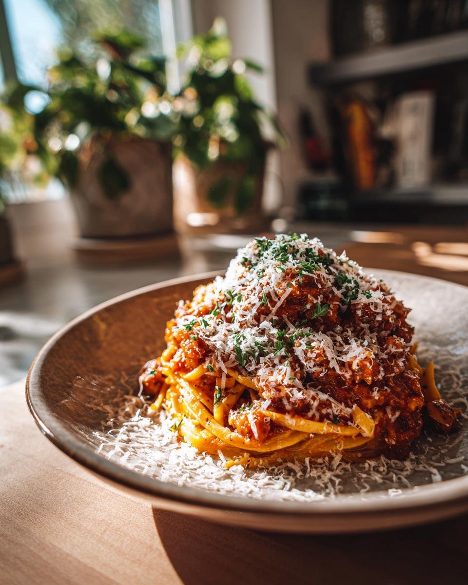 A delicious plate of Kürbis Bolognese, a simple recipe for herbstliche pasta, topped with cheese and herbs.