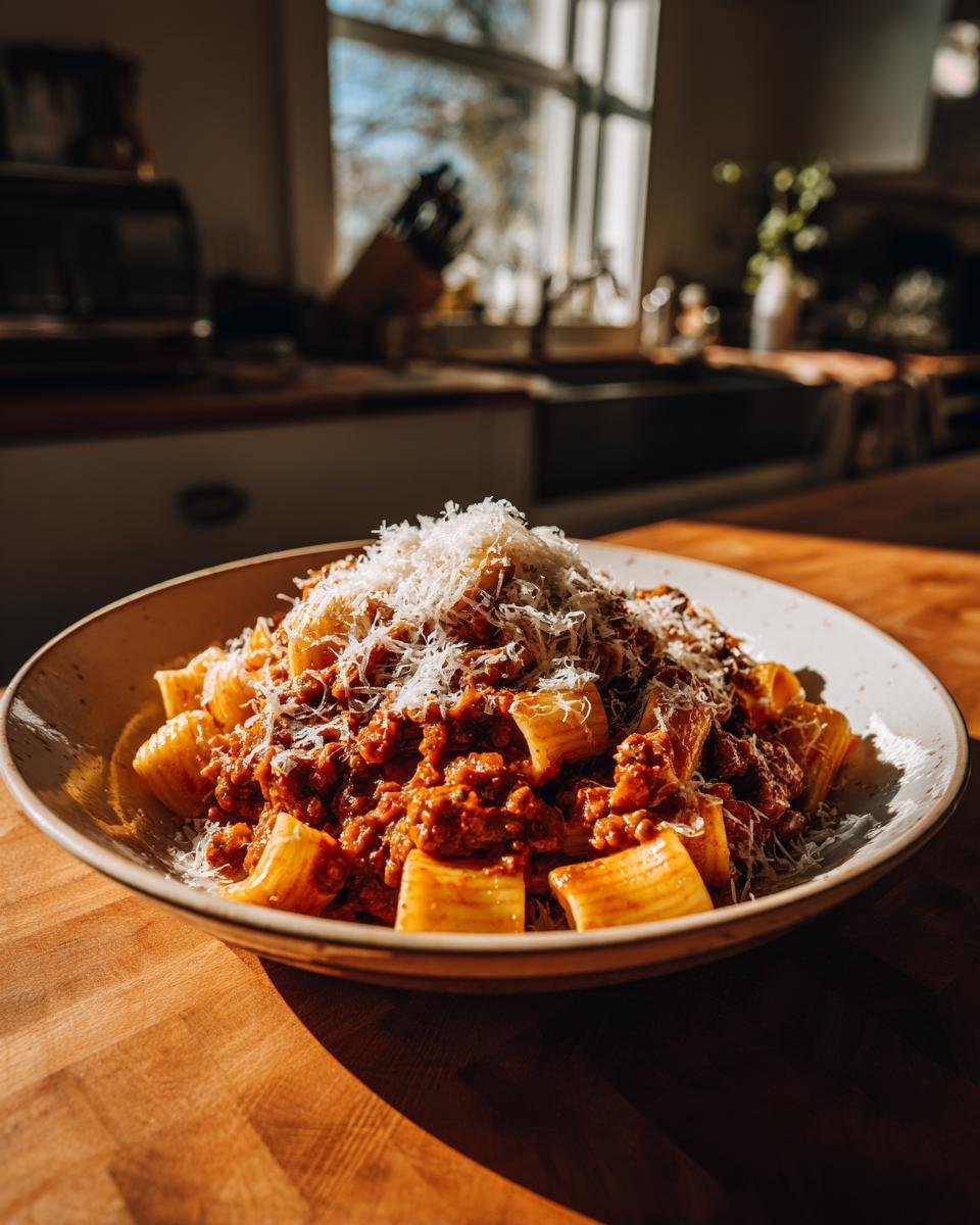 A bowl of Kürbis Bolognese, a pumpkin-based pasta sauce, served over rigatoni and topped with grated cheese.