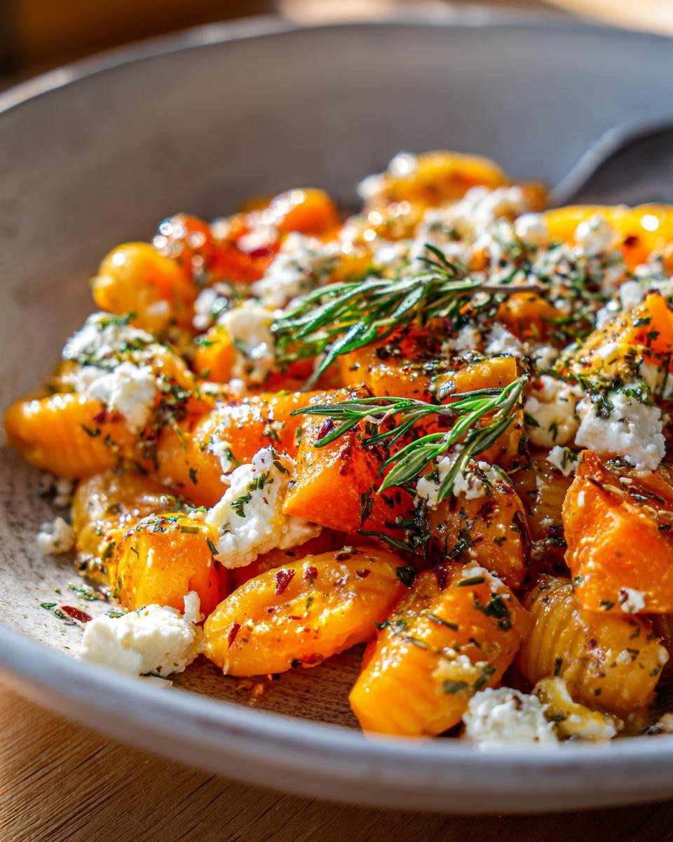 Close-up of Kürbis Feta Pasta in a bowl, garnished with fresh rosemary and herbs.