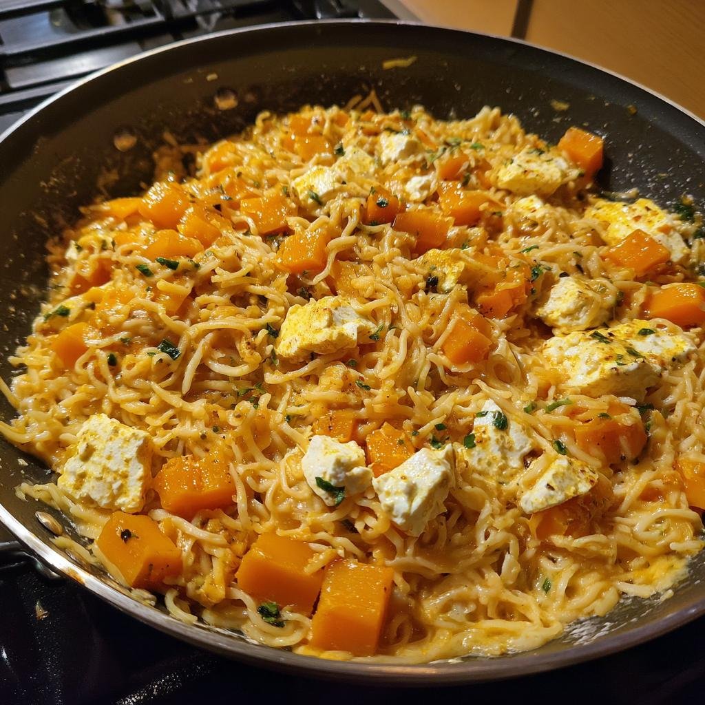 Close-up of Kürbis Feta Pasta in a pan, showing pasta, pumpkin cubes, and feta cheese.