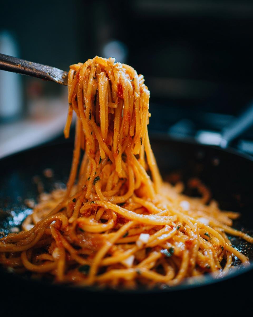 Close-up of Kürbis Feta Pasta being lifted from a pan with a serving spoon. The pasta is coated in a creamy sauce.