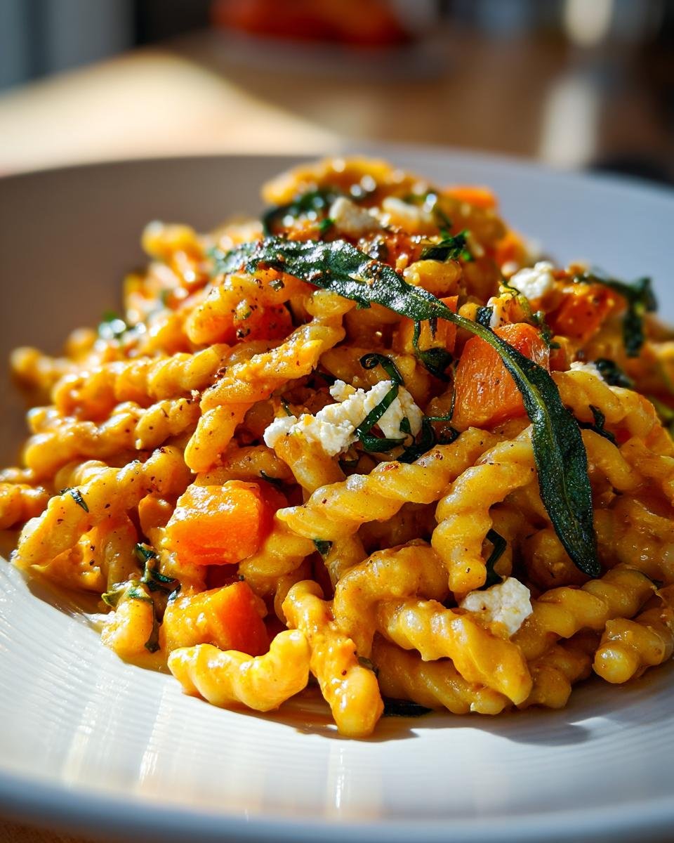 Close-up of Kürbis Feta Pasta with pumpkin, feta, and sage on a white plate.