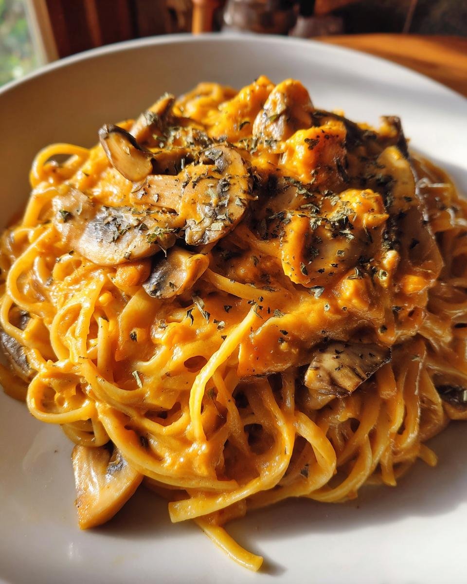 Close-up of Kürbis-Pilz-Pasta, a creamy pumpkin and mushroom pasta dish, garnished with herbs.