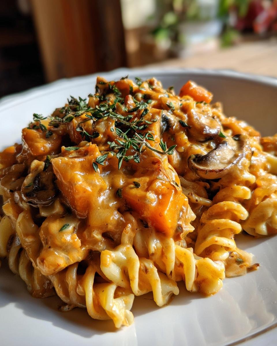 Close-up of Kürbis-Pilz-Pasta, a creamy pumpkin and mushroom pasta dish, garnished with fresh thyme.
