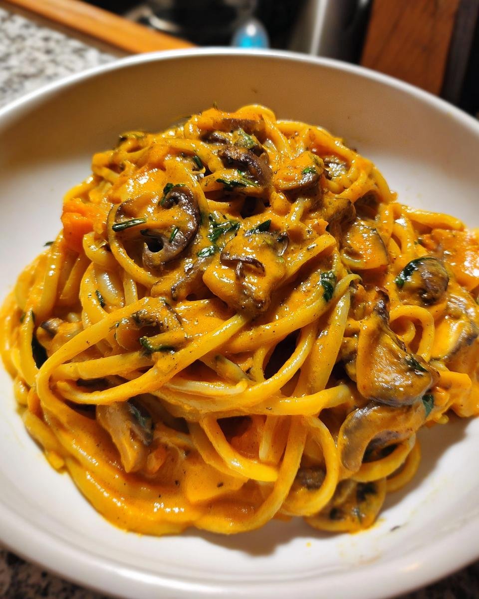 A bowl of Kürbis-Pilz-Pasta, featuring spaghetti with pumpkin, mushrooms, and a creamy sauce.