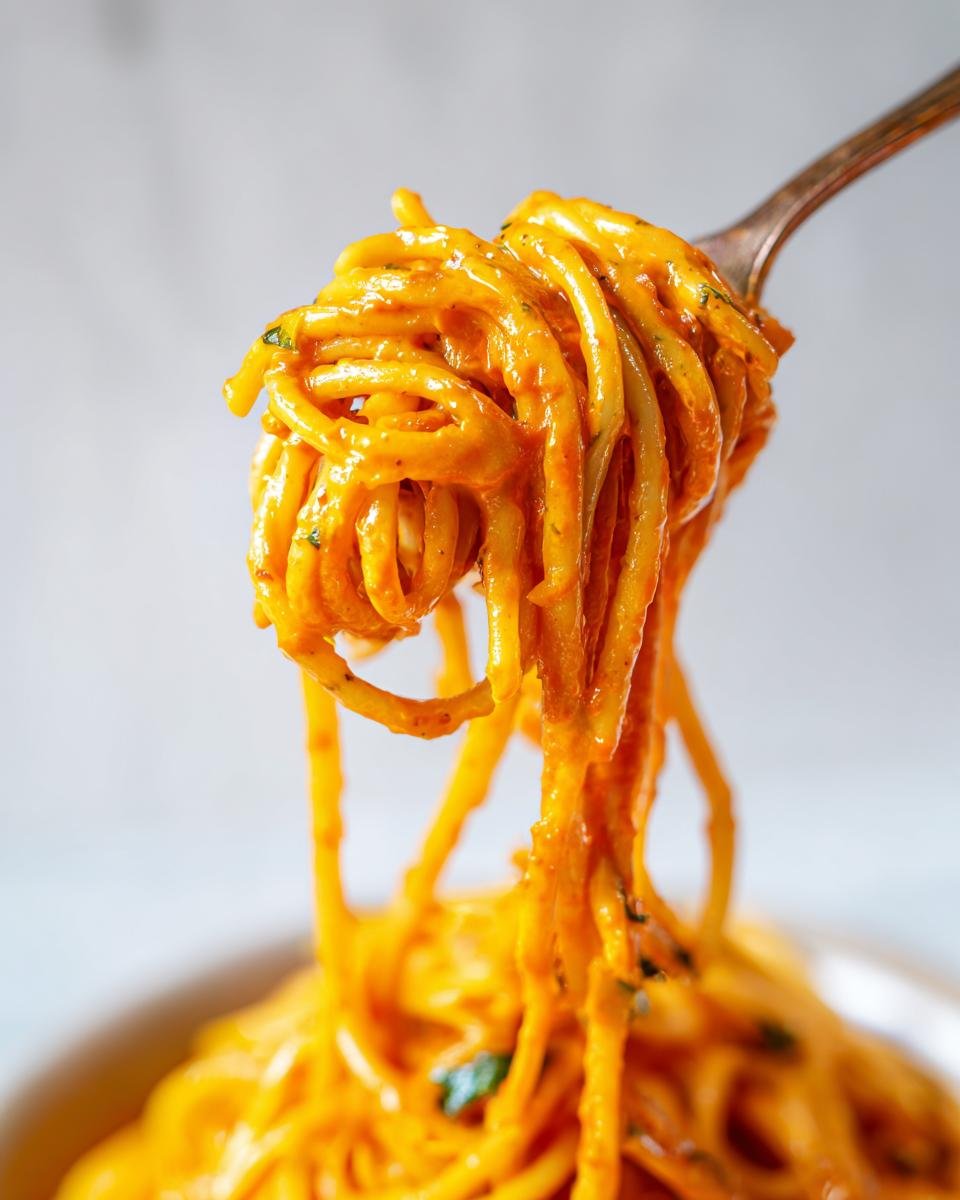 Close-up of Kürbispasta mit Frischkäse (pumpkin pasta with cream cheese) twirled on a fork.
