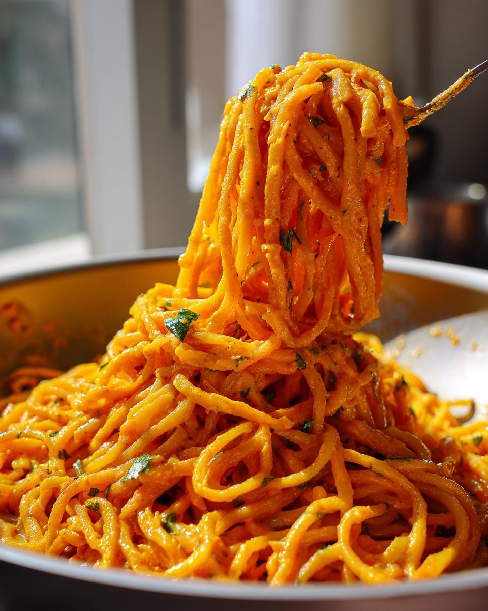 Close-up of Kürbispasta mit Frischkäse being lifted with a fork, showcasing the creamy sauce and pasta texture.