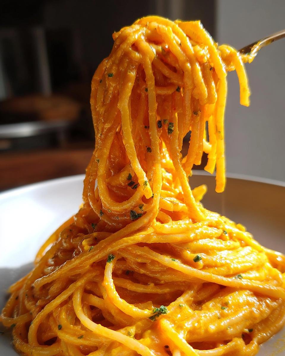 Close-up of Kürbispasta mit Frischkäse (pumpkin pasta with cream cheese) twirled on a fork, ready to eat.