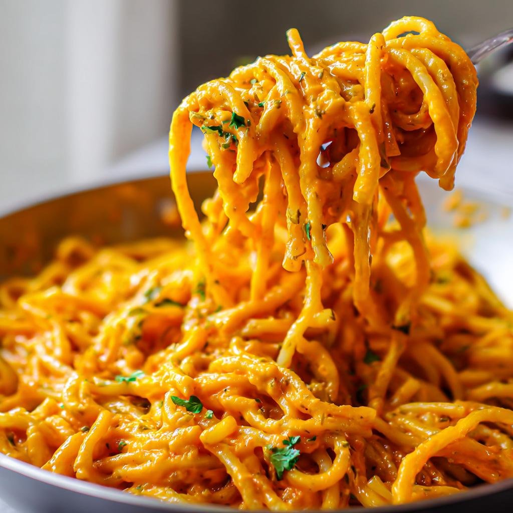 Close-up of Kürbispasta mit Frischkäse (pumpkin pasta with cream cheese) being lifted with a fork.
