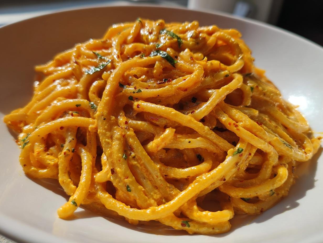 Plate of creamy Kürbispasta mit Frischkäse (pumpkin pasta with cream cheese), garnished with herbs.