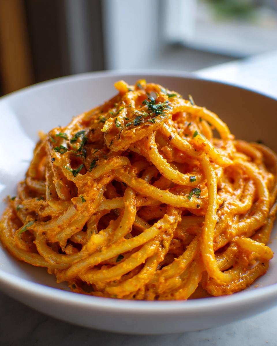 Close-up of Kürbispasta mit Frischkäse in a white bowl, garnished with fresh herbs.