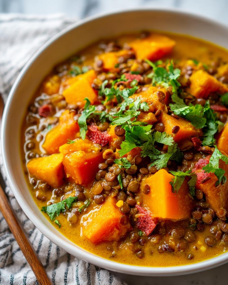 A bowl of Linsen-Curry mit Kürbis und Kokosmilch, a creamy vegan lentil curry with pumpkin and coconut milk.