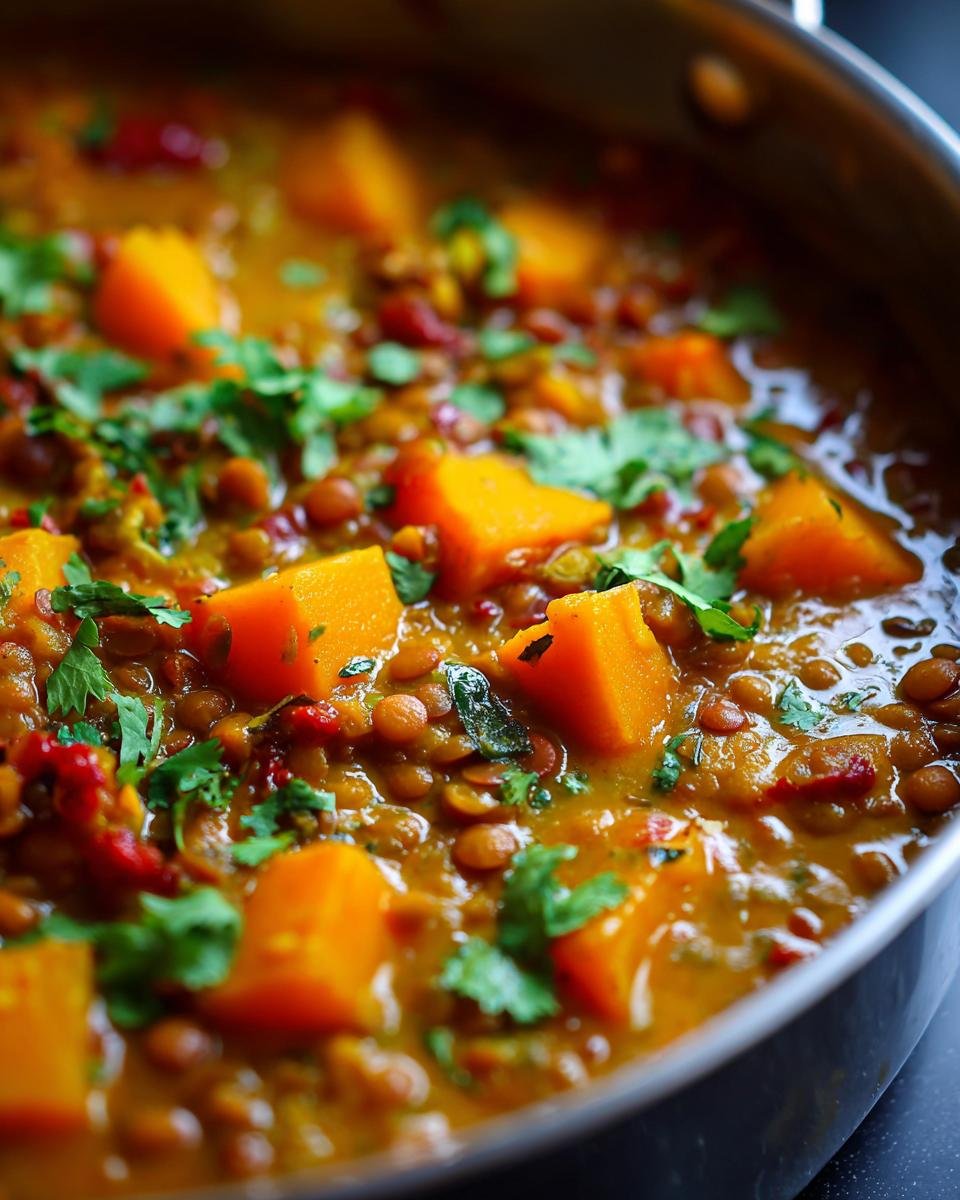 Close-up of Linsen-Curry mit Kürbis und Kokosmilch, a creamy vegan lentil curry with pumpkin and coconut milk, garnished with cilantro.