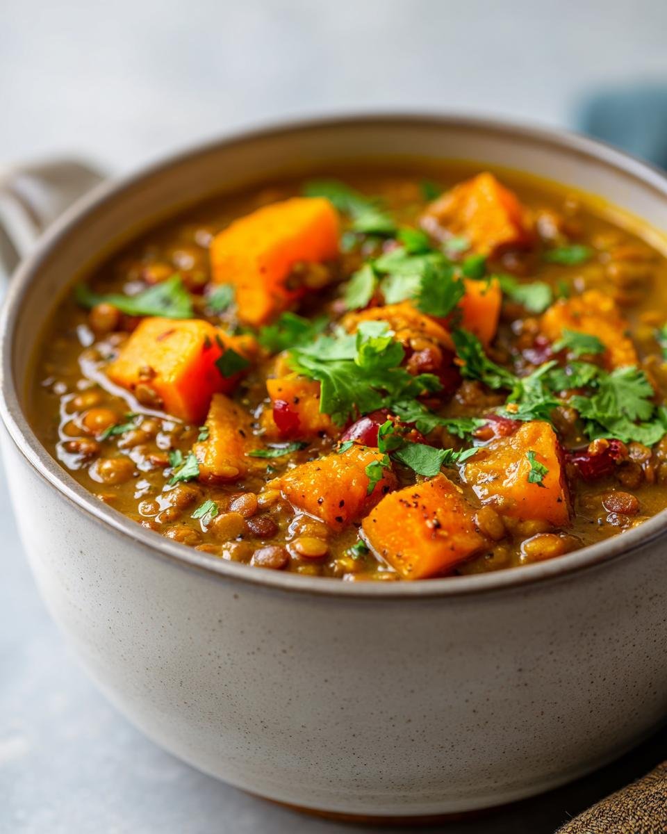 Bowl of Linsen-Curry mit Kürbis und Kokosmilch, garnished with fresh cilantro. A creamy vegan dish.