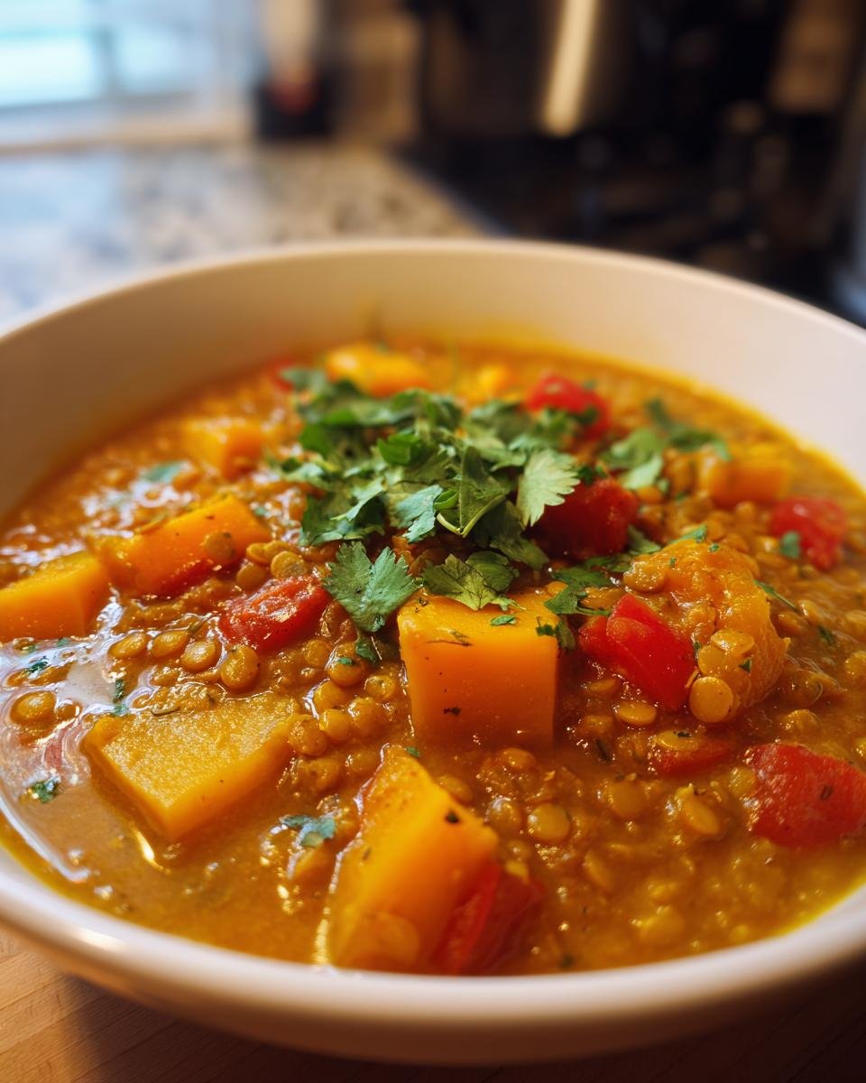Bowl of Linsen-Curry mit Kürbis und Kokosmilch, a creamy vegan lentil curry with pumpkin and coconut milk, garnished with cilantro.