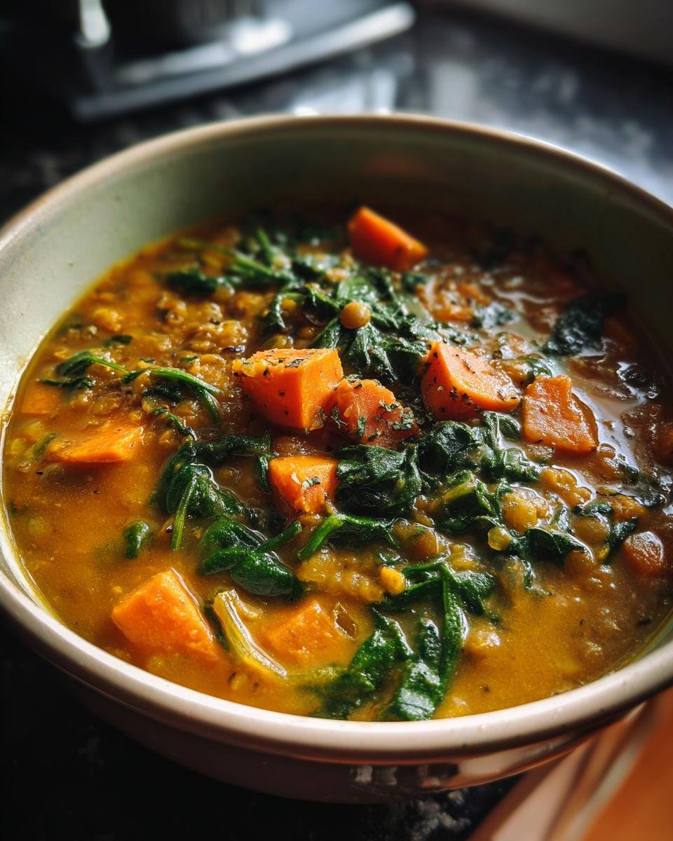 Bowl of Linseneintopf mit Süßkartoffel und Spinat, featuring lentils, sweet potato chunks, and fresh spinach.