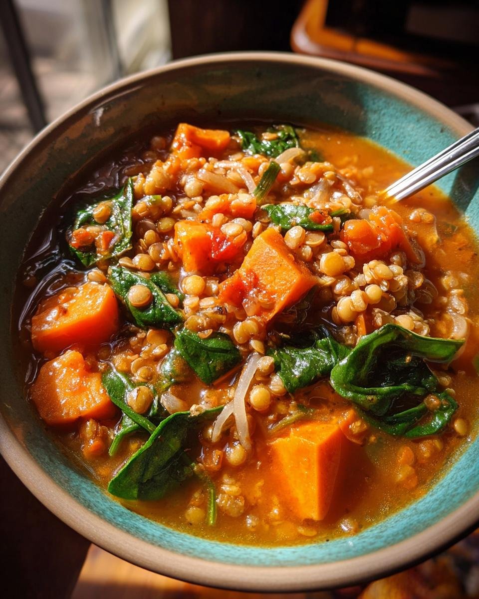 Nahaufnahme von Linseneintopf mit Süßkartoffel und Spinat in einer Schüssel, servierfertig.