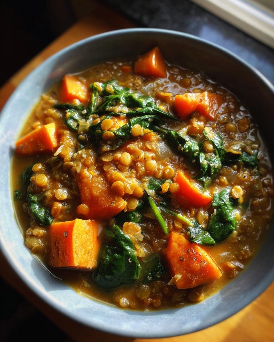 Close-up of Linseneintopf mit Süßkartoffel und Spinat in a blue bowl, showcasing lentils, sweet potato, and spinach.