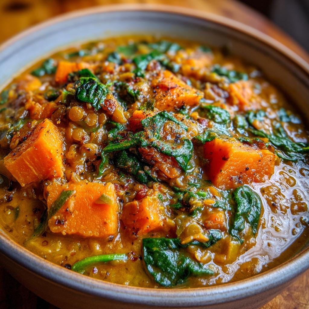 Close-up of Linseneintopf mit Süßkartoffel und Spinat in a bowl, showing lentils, sweet potato, and spinach.
