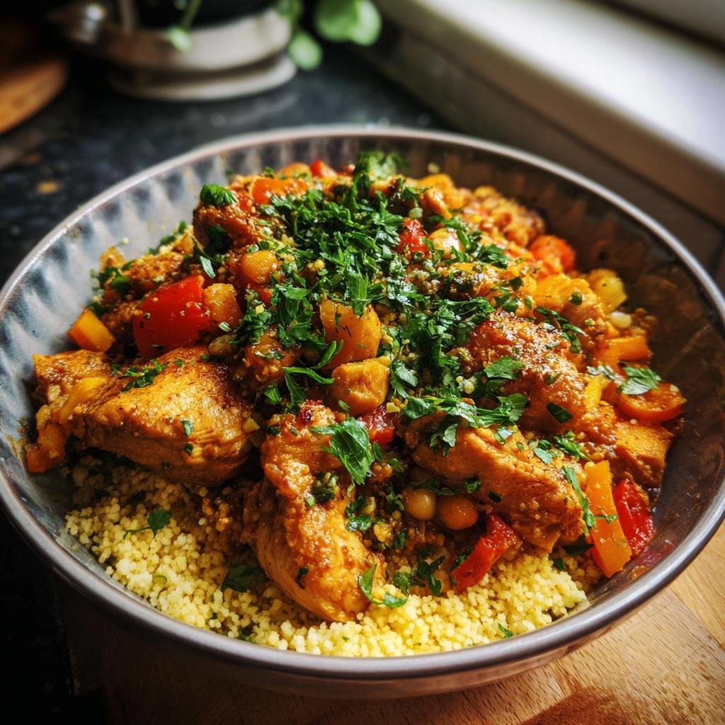 Nahaufnahme einer Marokkanische Hühner-Couscous-Schüssel mit Hühnchen, Gemüse und frischer Petersilie.
