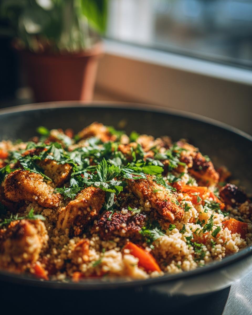 Close-up einer Marokkanische Hühner-Couscous-Schüssel mit Hühnchen, Couscous, Karotten und Petersilie.