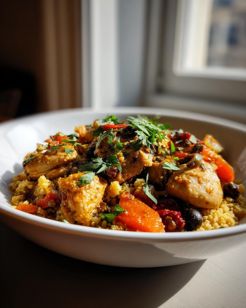 Close-up of a Marokkanische Hühner-Couscous-Schüssel in a white bowl, garnished with herbs.