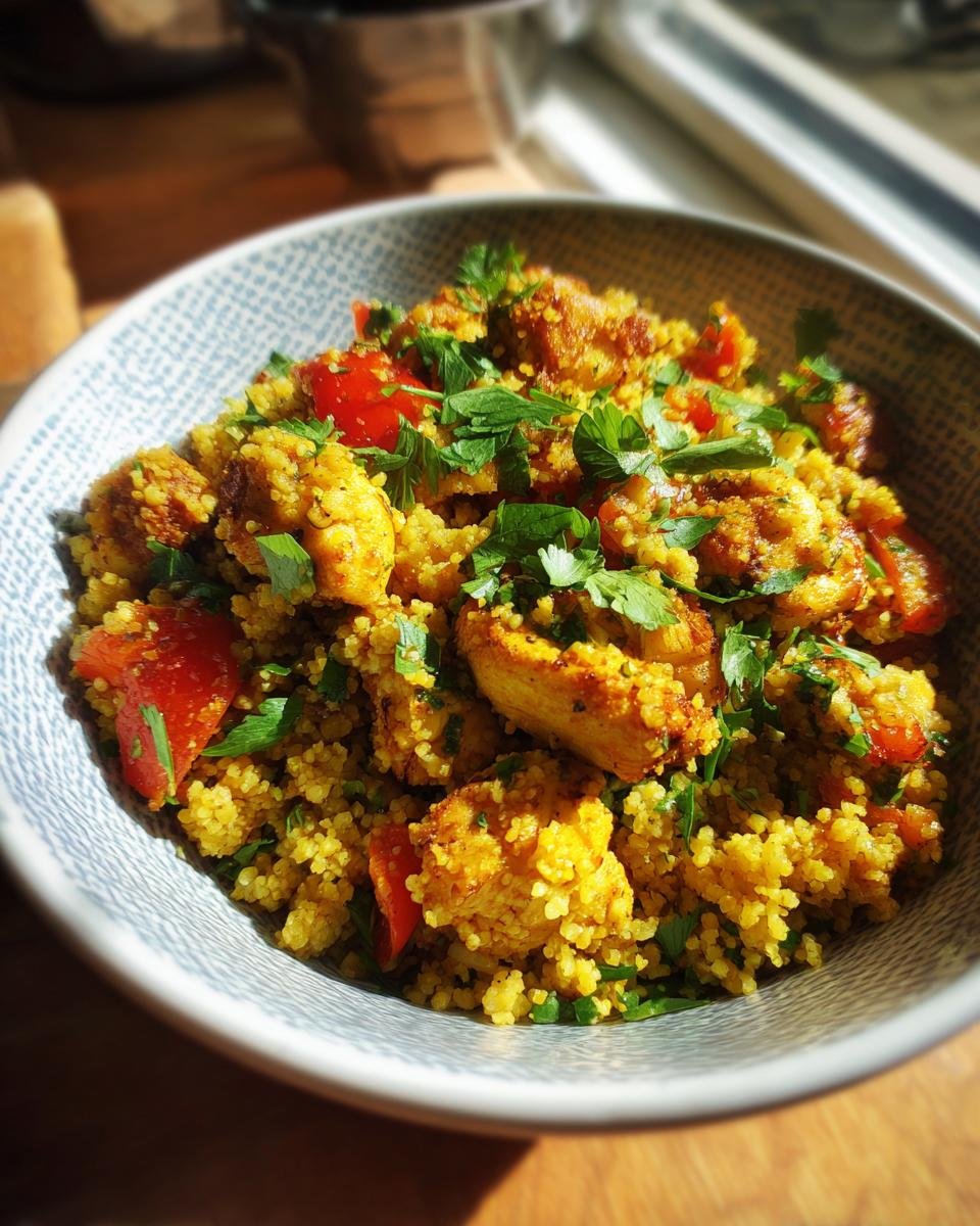 Close-up einer Marokkanische Hühner-Couscous-Schüssel, garniert mit Petersilie und Paprika.