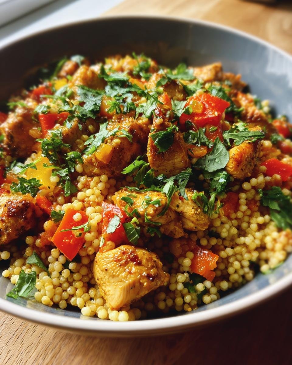 Close-up of Marokkanische Hühner-Couscous-Schüssel with chicken, peppers, and fresh parsley.