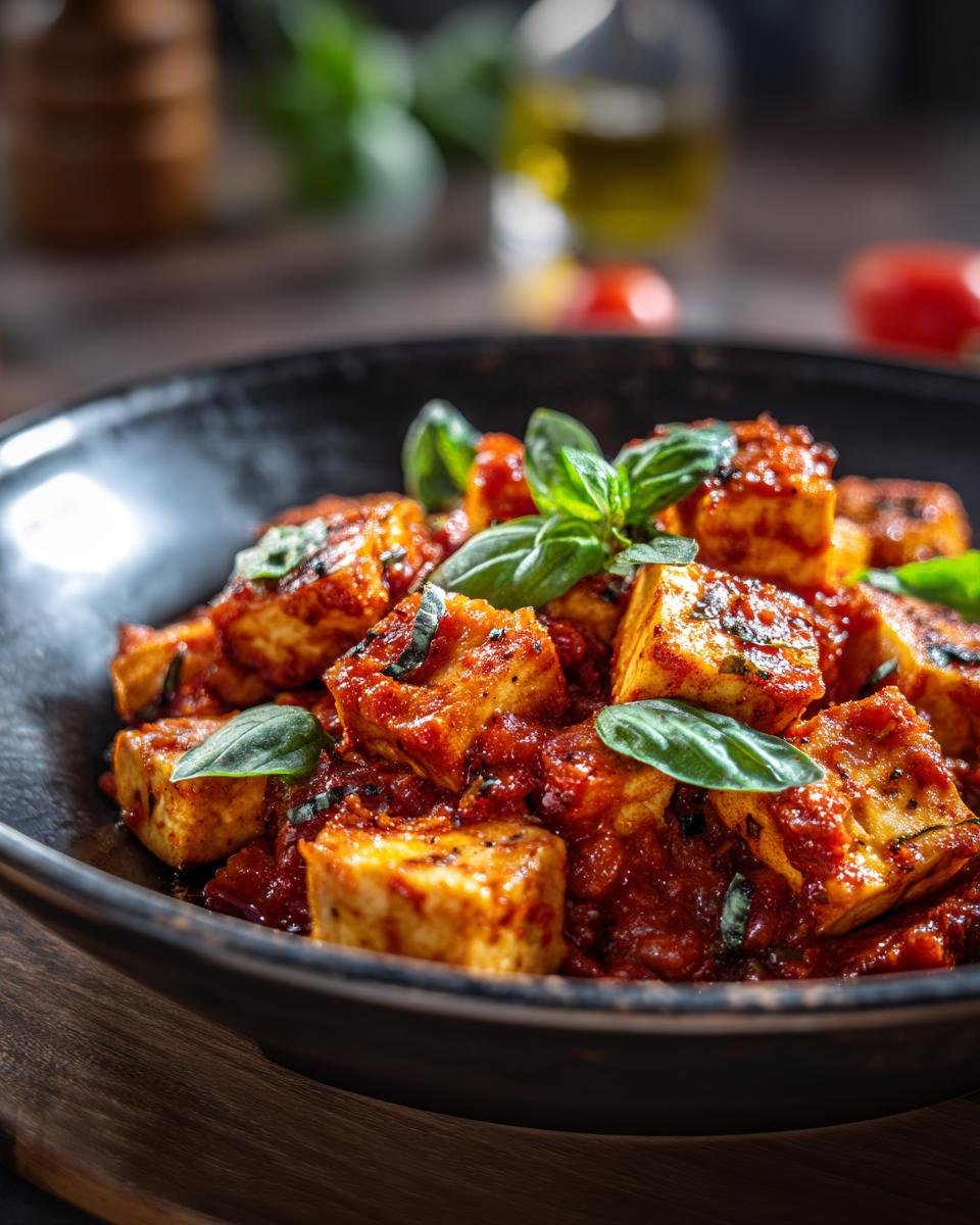 Close-up of Mary Me Tofu rezepte in a black bowl, garnished with fresh basil leaves.