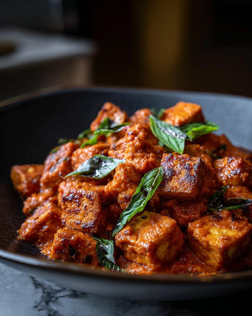 Bowl of Mary Me Tofu rezepte, featuring tofu cubes in a rich red sauce, garnished with basil leaves.