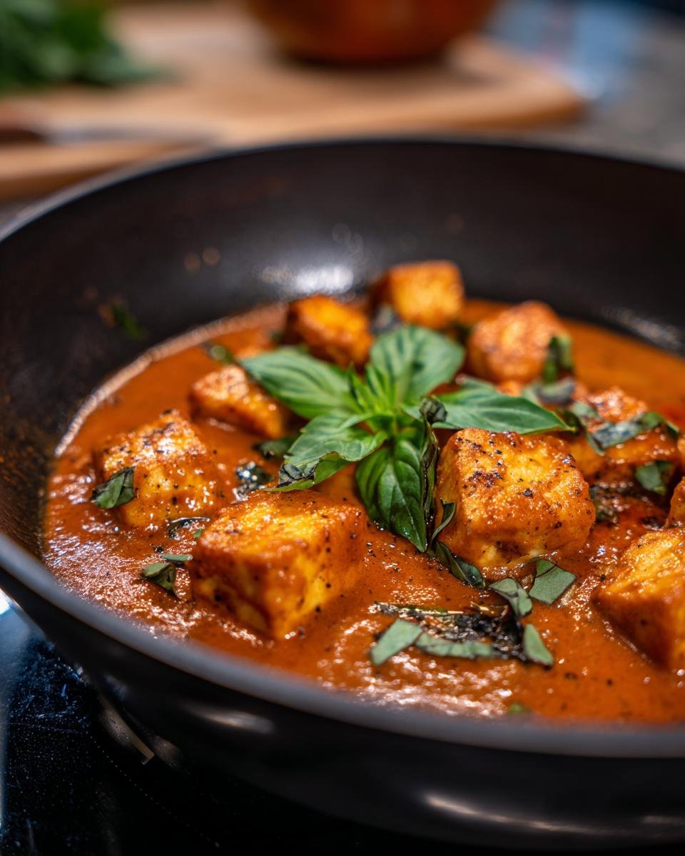 Close-up of Mary Me Tofu rezepte in a pan, garnished with fresh basil leaves.