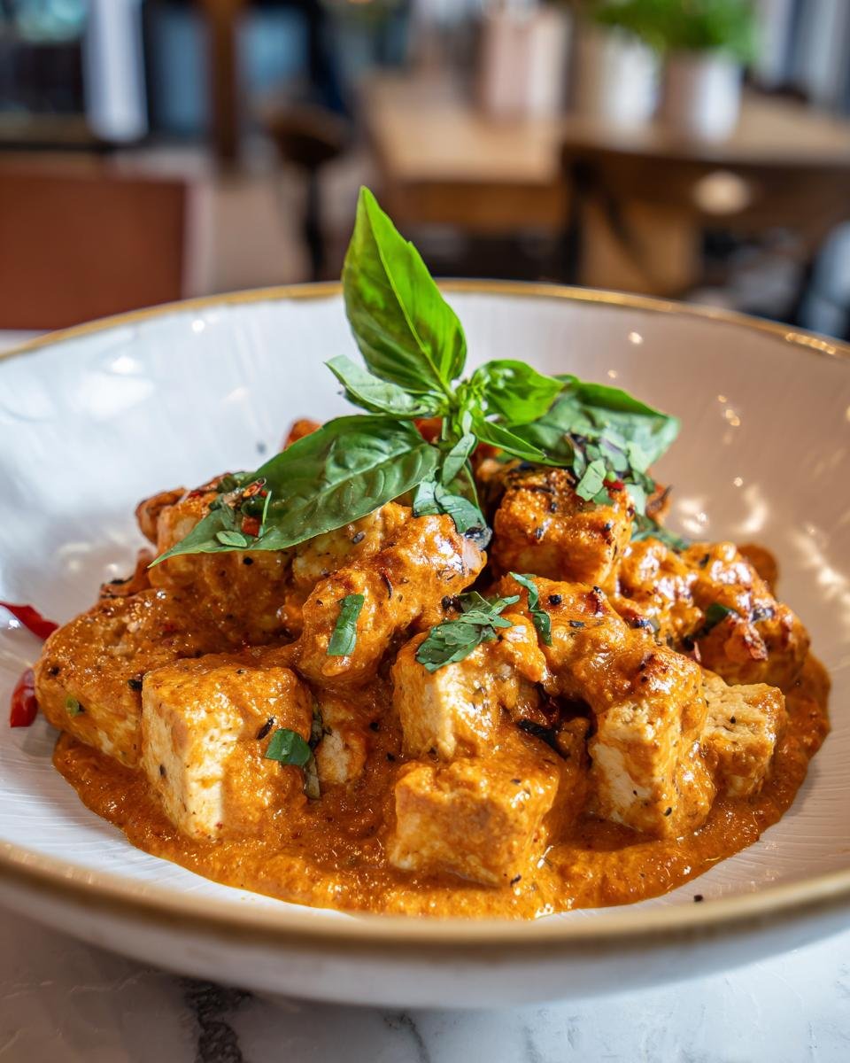 Close-up of Mary Me Tofu rezepte, a tofu dish in a creamy sauce, garnished with basil.