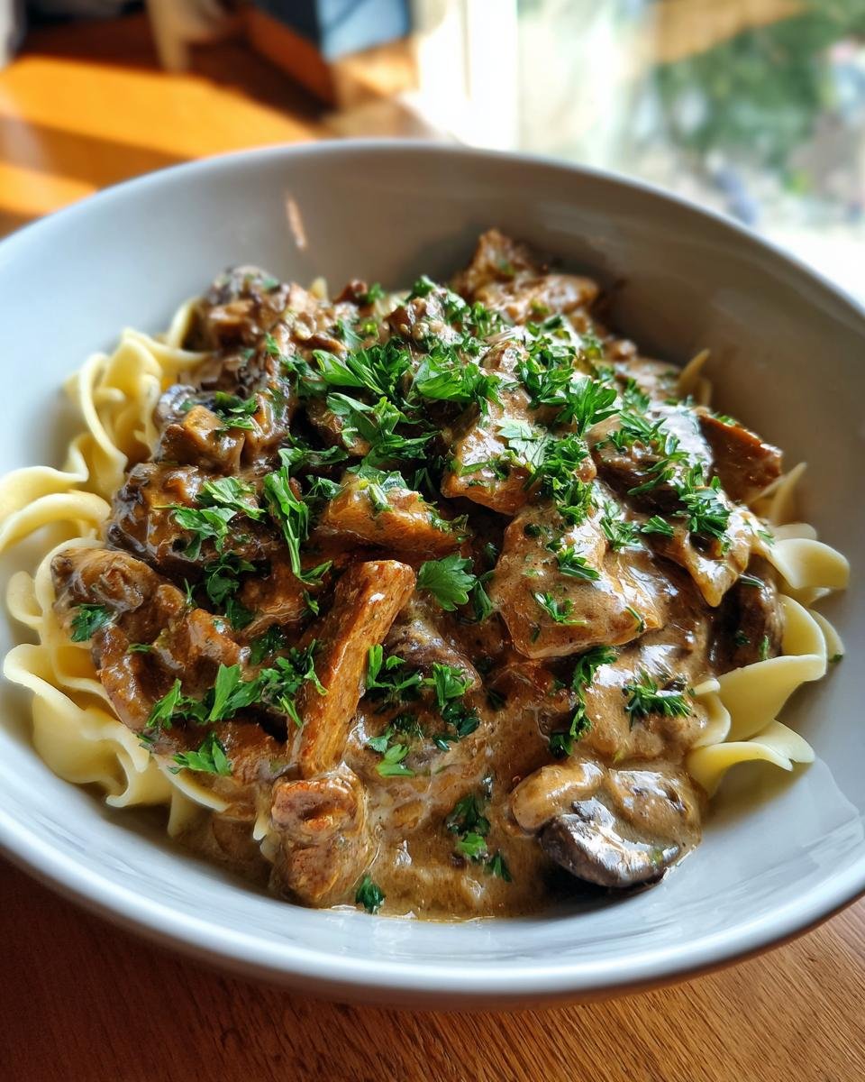 Bowl of Mushroom and Seitan Stroganoff with egg noodles, garnished with fresh parsley.