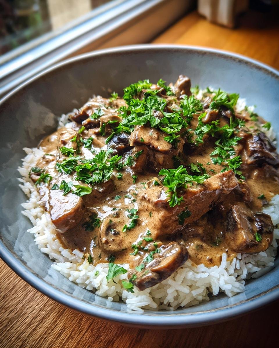 Bowl of Mushroom and Seitan Stroganoff served over rice, garnished with fresh parsley.