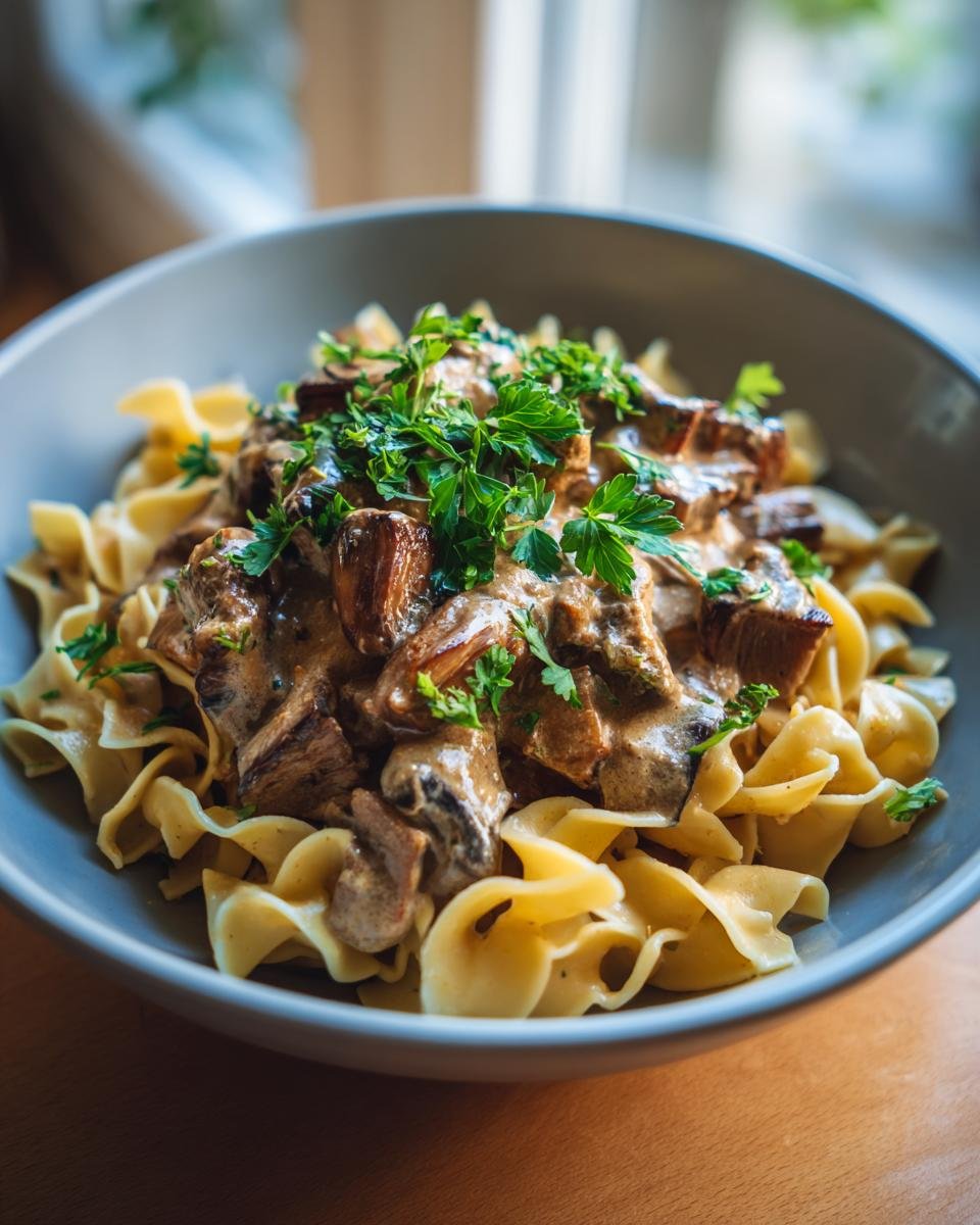 A bowl of creamy Mushroom and Seitan Stroganoff with egg noodles and fresh parsley garnish.
