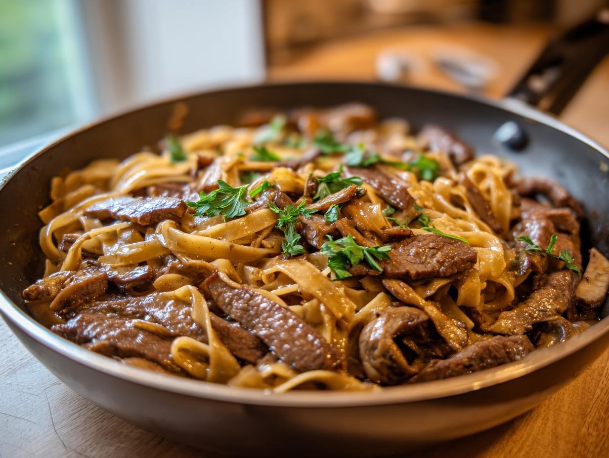 A pan filled with Mushroom and Seitan Stroganoff, garnished with fresh parsley.