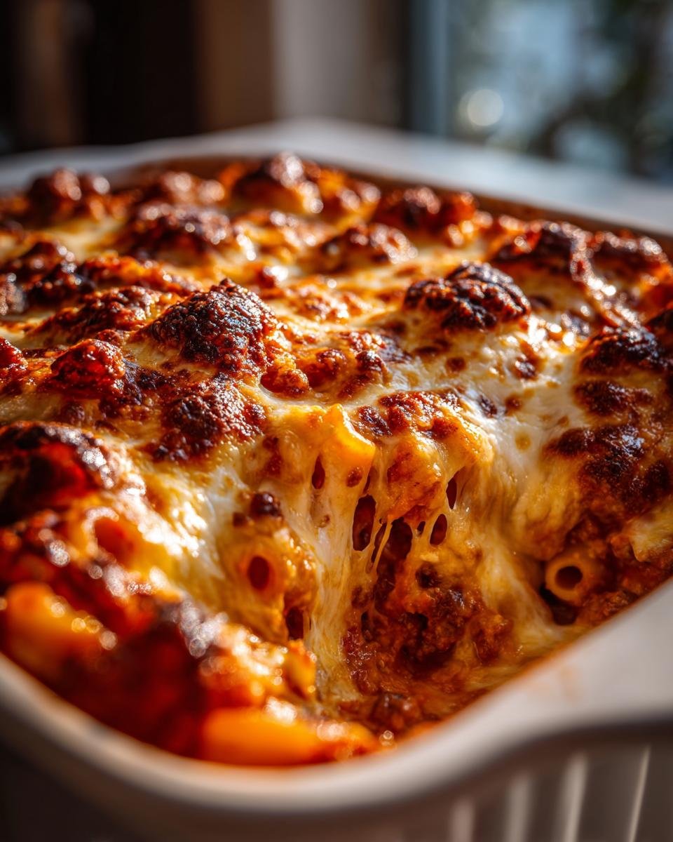 Close-up of a freshly baked Nudelauflauf alla Mamma with a bubbly, golden cheese topping.