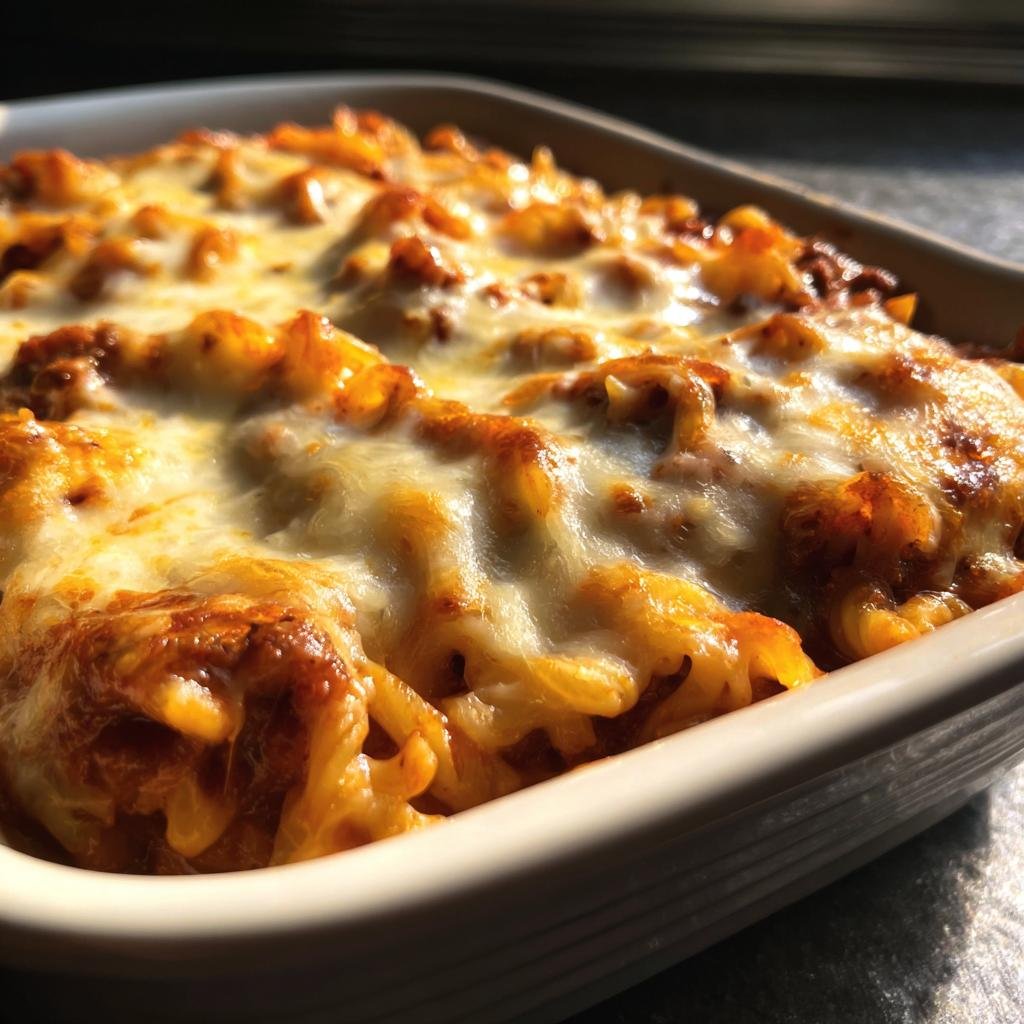 Close-up of Nudelauflauf alla Mamma in a baking dish, topped with golden, melted cheese.