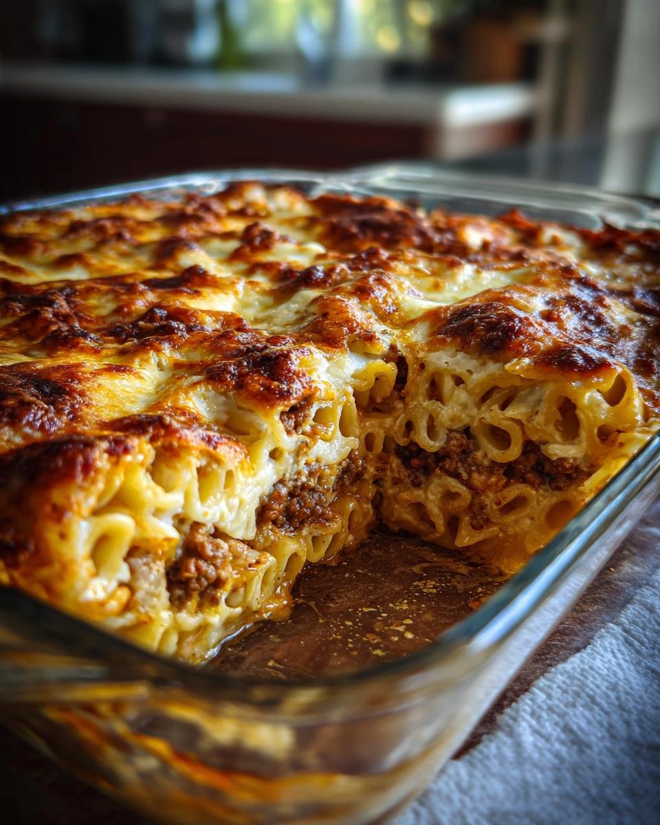 Close-up of Nudelauflauf mit Hackfleisch und Kürbis in a glass baking dish, showing layers of pasta, meat, and cheese.