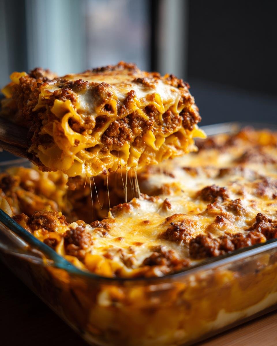 A serving of Nudelauflauf mit Hackfleisch und Kürbis being lifted from a glass baking dish, showing layers of pasta, meat, and cheese.