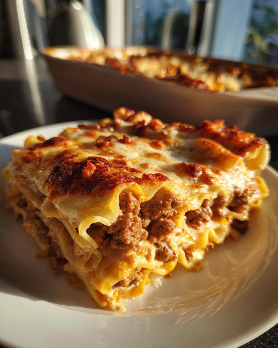 A slice of Nudelauflauf mit Hackfleisch und Kürbis, showcasing layers of pasta, meat sauce, and cheese.