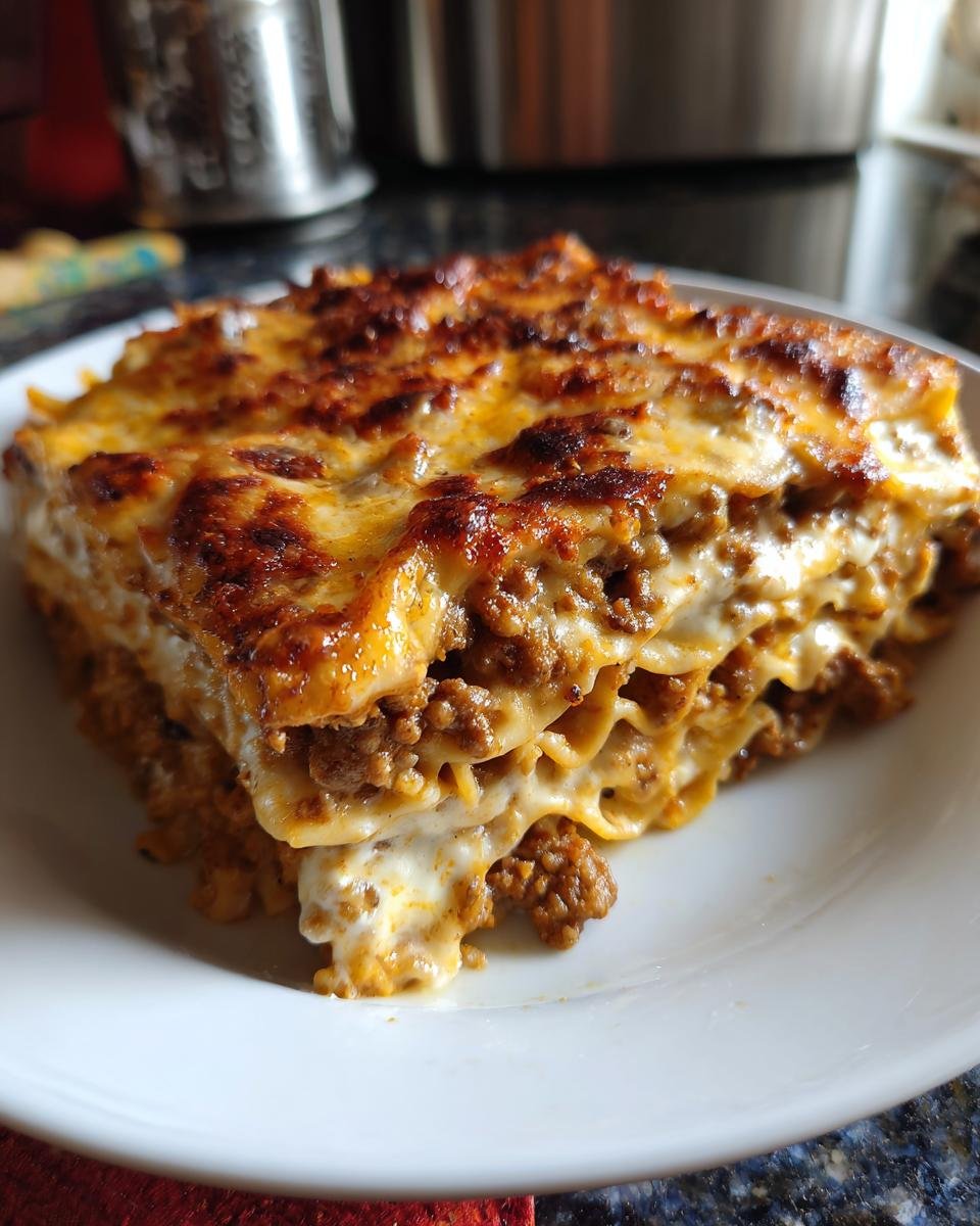A slice of Nudelauflauf mit Hackfleisch und Kürbis, showing layers of pasta, meat sauce, pumpkin, and cheese.